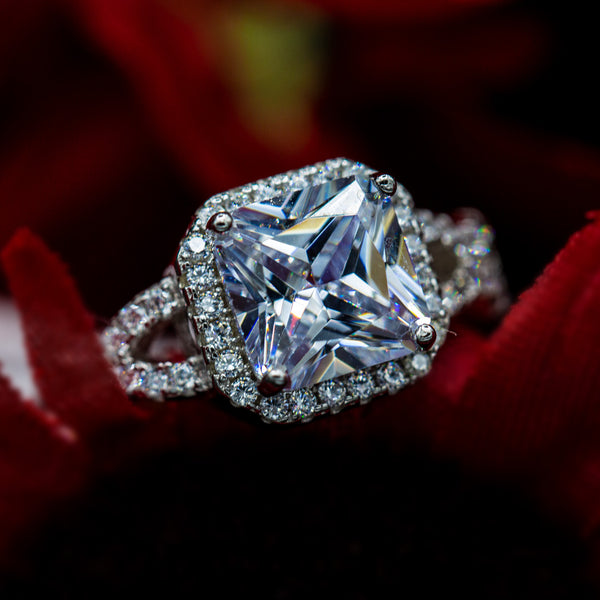 Radiant Cut Halo Sterling Silver Engagement Ring - 06AS39